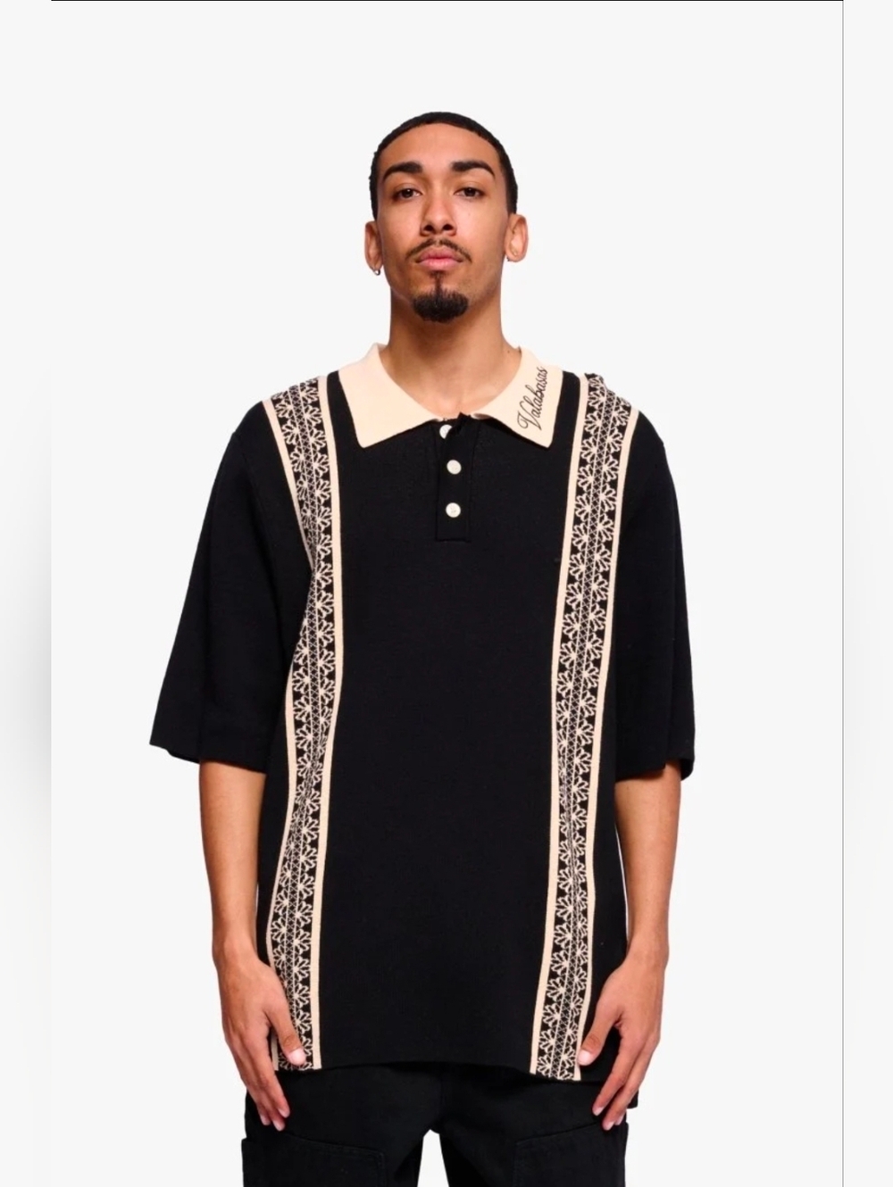 NEW!! Valabasas Black and Cream Short-Sleeve Polo Shirt W/ Ebroidered Collar,NWT
